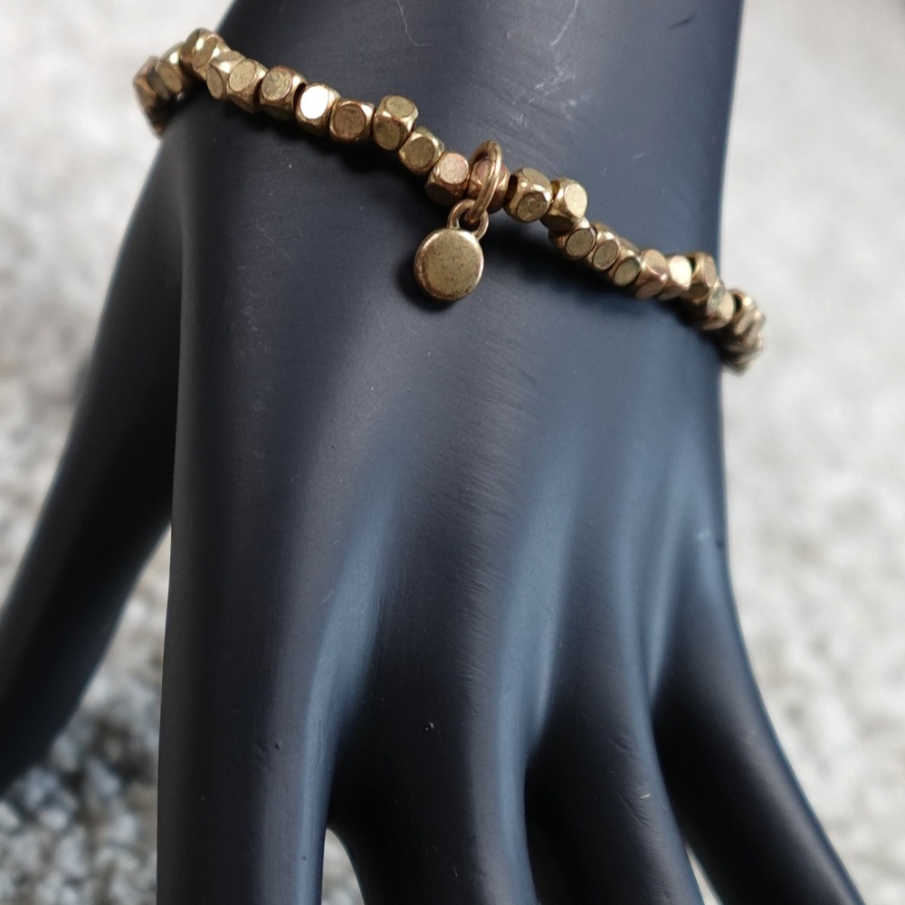Gold Tone Faceted Cube Beaded Stretch Bracelet with Small Disc Charm Minimalist
